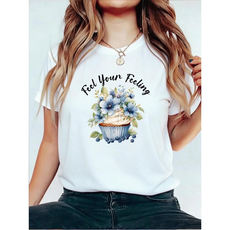 Blue Flower Cupcake 2026 SpringSummer New Round Neck Short Sleeve T - Shirt S