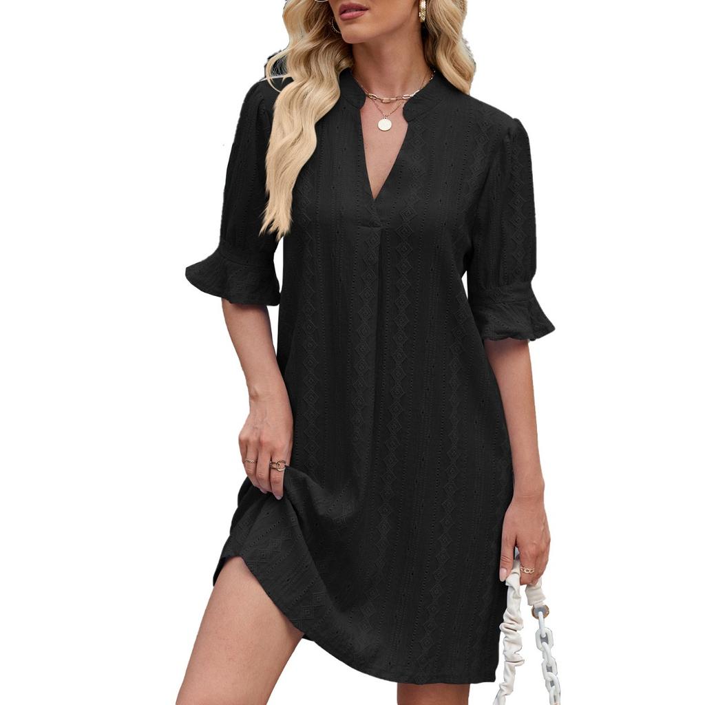 Summer Women's Fashion V Neck Flare Sleeve Casual Dress, European American Style Crossborder Women's Apparel