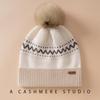 Women's 100% Pure Cashmere Pom-Pom Hat - Thick Knitted, Warm Slouchy Design for Autumn & Winter with Ear Protection.