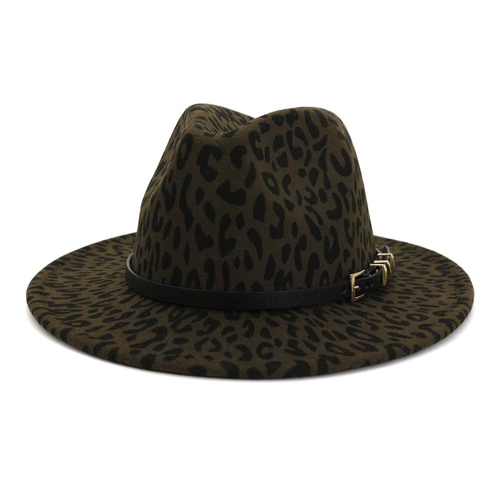 Wzcx Fashion Belt Flat Top Women Leopard Felt Hat Autumn Winter Casual Tide Personality Girls Jazz Hat Adult Cap