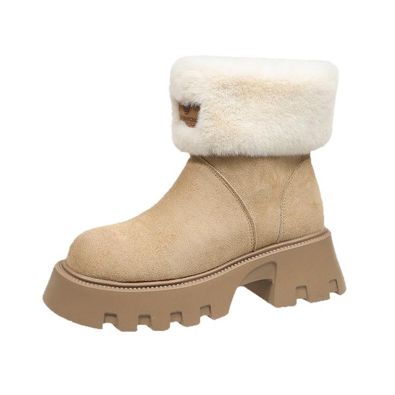2025 New Thick-soled Heightening Snow Boots Women's Winter Plush Warm Retro Thick Heel Pile Fur Collar Short Boots