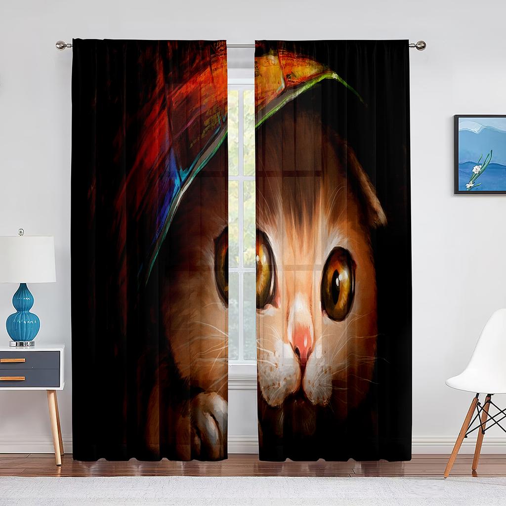 Lustige Cartoon Katze Tüllvorhänge für Wohnzimmer Schlafzimmer Dekoration Niedliche Kätzchen Tier Farbe Chiffon Transparent Voile Fenstergardine