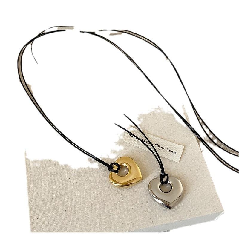 Colier lung cu frânghie din piele neagră, metal, gol lucios, lanț pentru gât, versatil, lanț pentru pulover