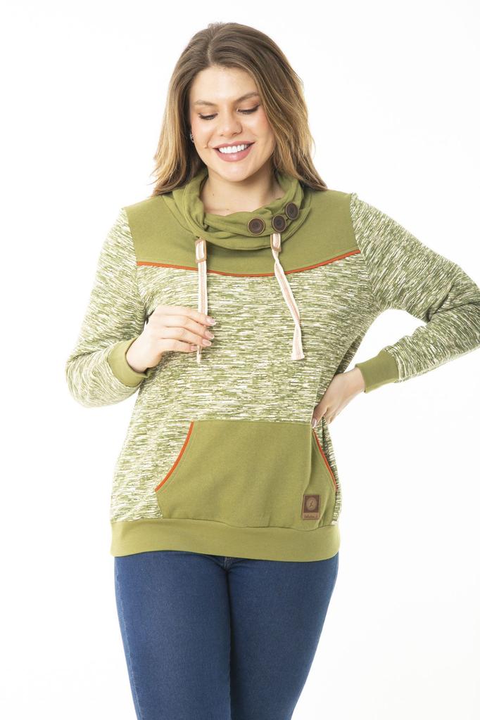 Women's Style Big Size Sweatshirt Large Size Eyelet Lace And Ornamental Button Detailed Kangaroo Pocket High Collar Sweatshirt