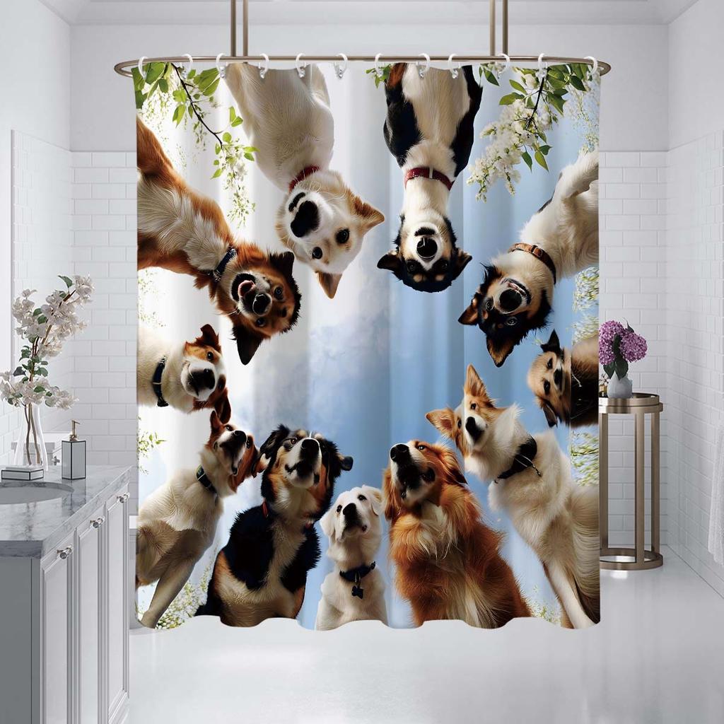 1pc Cute Dog Printed Waterproof Shower Curtain Shower Partition Bathroom Privacy Protection with 12 Hooks for Easy Installation