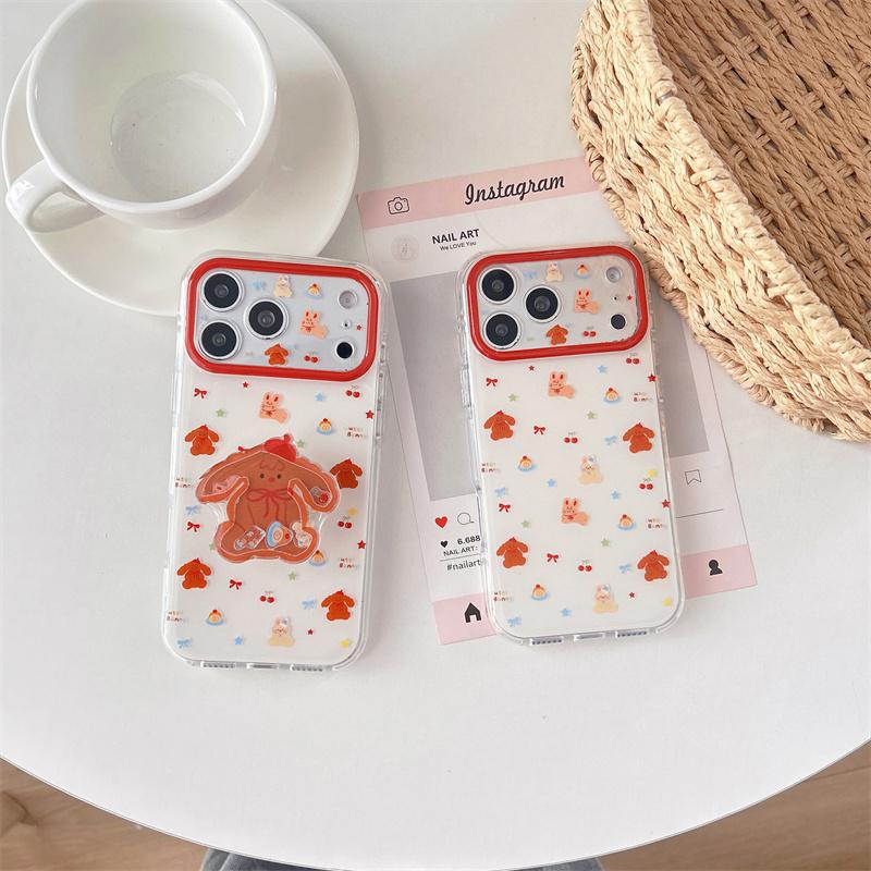 Kawaii Gingerbread Dog 3D Pop Stand Clear Phone Case For iPhone 15 16 17 Pro Max INS Cute Shockproof Protective Cover