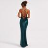 Women's Halter Satin Backless Strappy Waisted Long Dresses