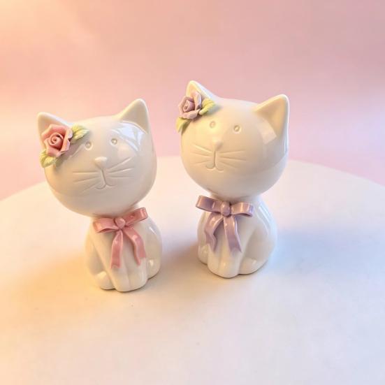 1/2Pcs Ceramic Bow Cat Figurine, Sitting Kitten Statue with Flower Decor, Mini Animal Desktop Ornament for Home Office