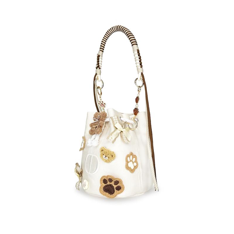 DIOR Bag [Customized Cosmetic Bag] Bear Cookie Cute Paw Print Plush Childlike Cute Casual Versatile Beige Bucket Drawstring Off-white Off-white