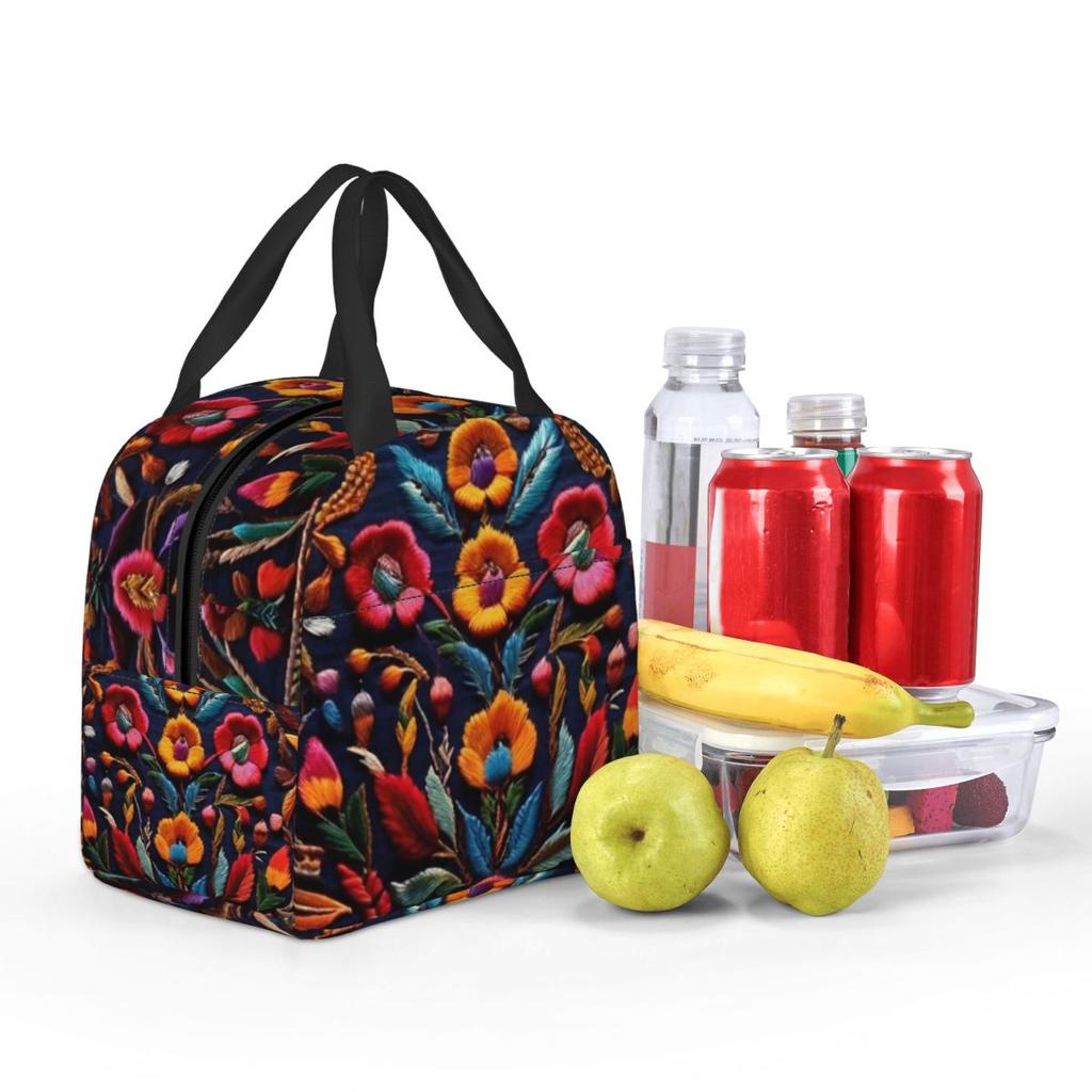 Mexican Embroidery Floral Insulated Lunch Bag for Women Children Leakproof Food Boxes Thermal Lunch Box Tote