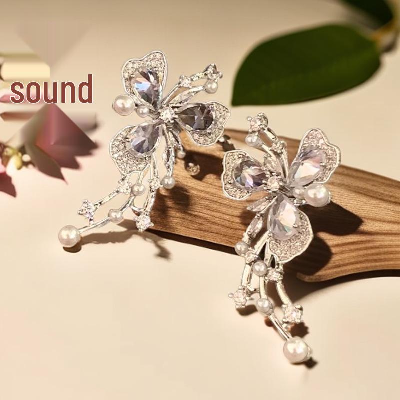 Flower Pearl Rhinestone Korean Earrings - 925 Silver Studs, Women's Fresh & Sweet Fashion Jewelry
