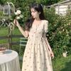 Kjole med blomstermønster og puffermer for kvinner, litterær retro, midjesmalnende temperament, A-linjet lang skjørt, boblekvadratisk halsutringning