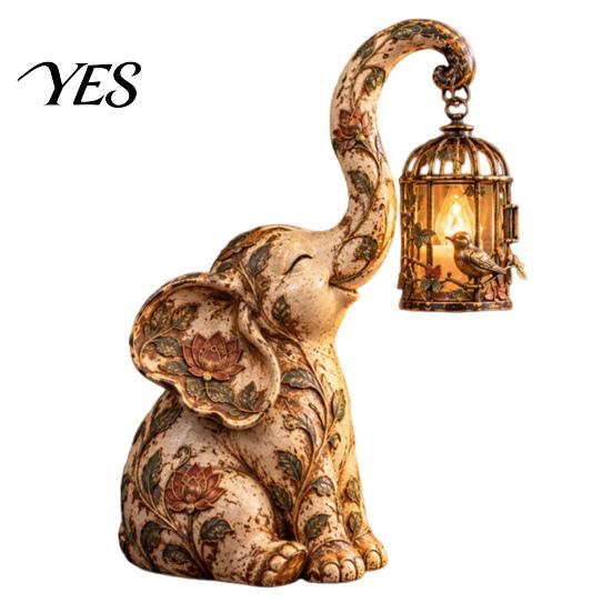 Indoor Atmosphere Lighting Vintage Elephant Lantern, Decorative Light, Resin Retro Table Lamp with Bird Cage Artistic Home Ornament Design for Decor,