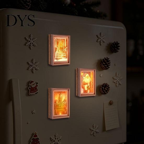 Holiday Decor Magnets 3Pcs LED Glowing Christmas Fridge Magnet, Wooden Frame Refrigerator Magnetic Decoration for Kitchen Cabinets Whiteboards Lockers