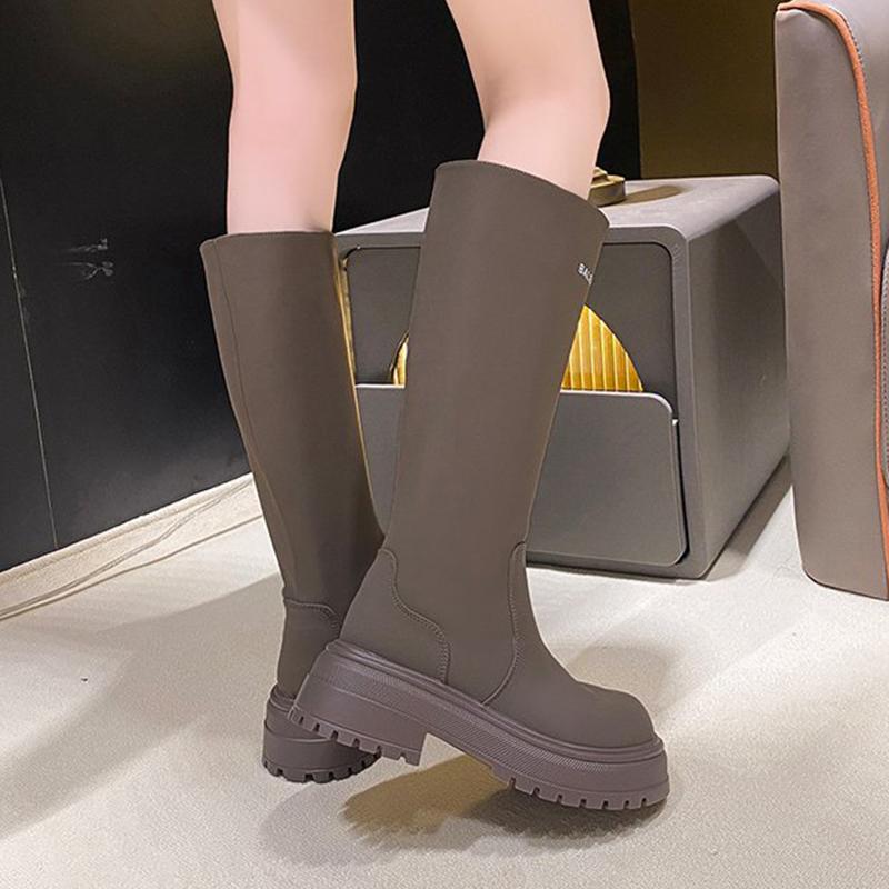 Mote høst knelhøye støvler for kvinner Ekte skinn Tykksålede Høyere Skorsteinsskaft Utendørs Trendy Damestøvler 35-40