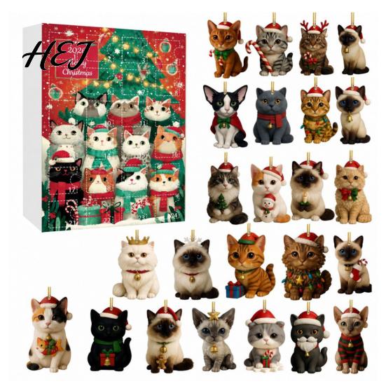 Holiday Countdown Gift Box 24 Day Cat Advent Calendar with Acrylic Christmas Ornaments, 2D Flat Animal Themed Ornaments Hanging Decorations, Xmas Tree
