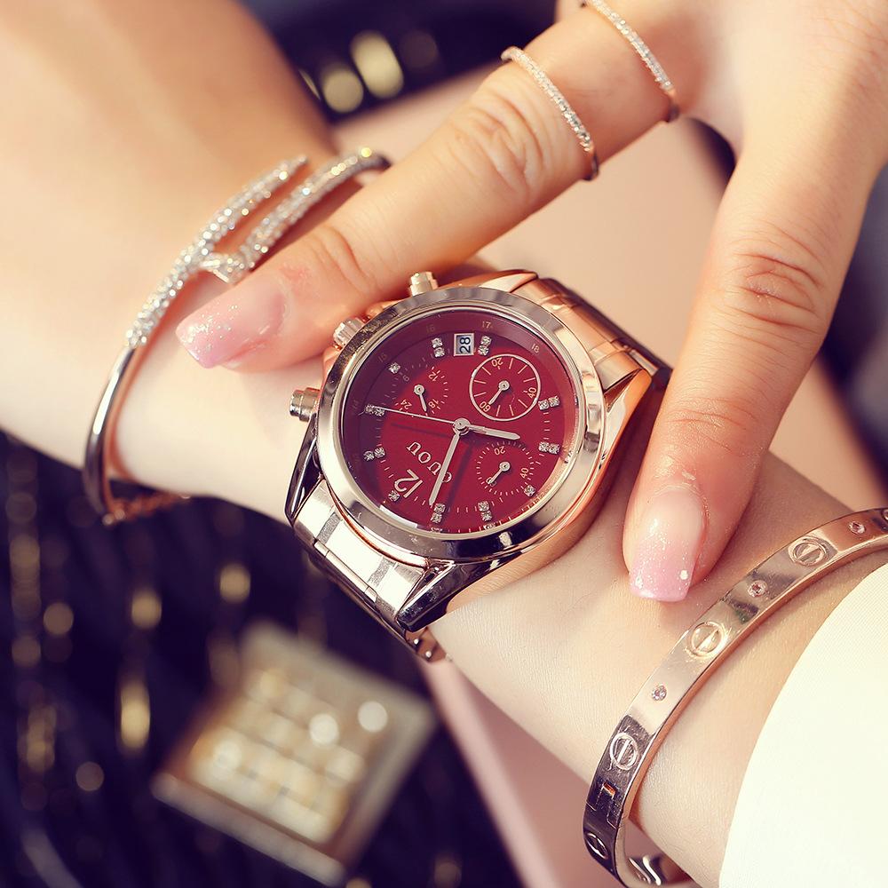 Women`s Watch Three-eye Steel Band Multi-function