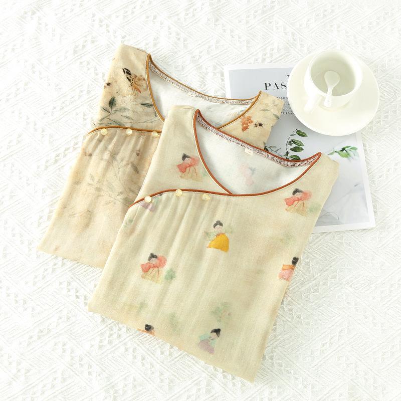 Women's Long-sleeved Chinese National Style Cotton Nightgowns for Women Spring / Summer Thin Bamboo Cotton Double-layer Gauze Nightdress