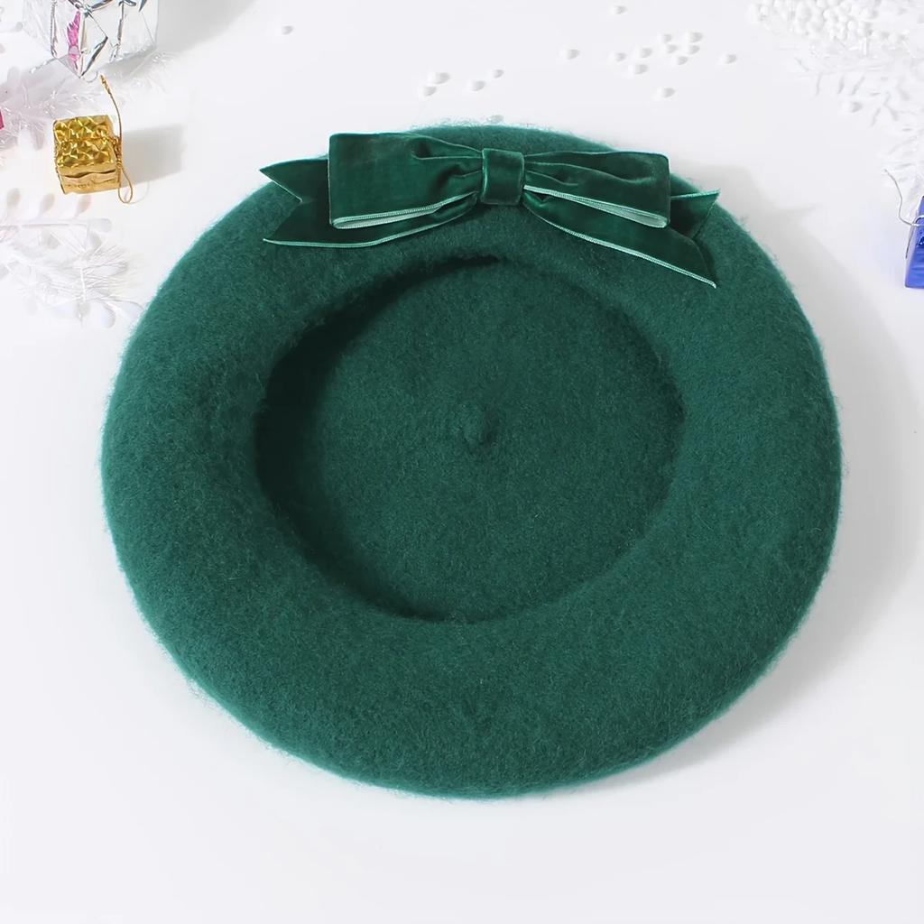 Elegant Dark Green Wool Beret with Large Bow Vintage Inspired Painter Cap for Women Perfect for Parties Trendy Outfits