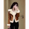 Women's Stylish Brown Shearling Coat - Chic, Thick, and Warm Winterwear.