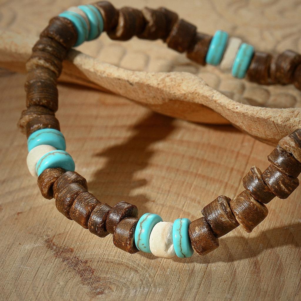 Simple Turquoise Wood Bead Bracelet, Retro Personalized Versatile Beaded Coconut Shell Bracelet Men'S Jewelry
