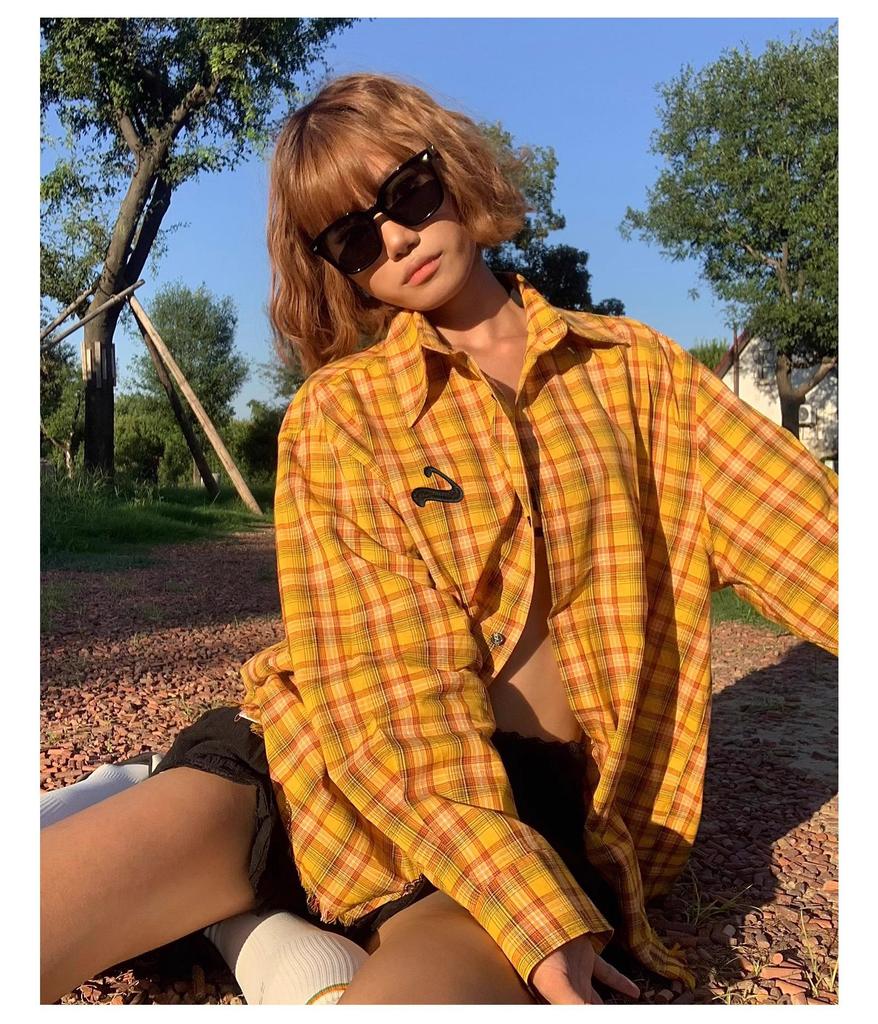 American Plaid Long-Sleeve Frayed Hem Cardigan Shirt