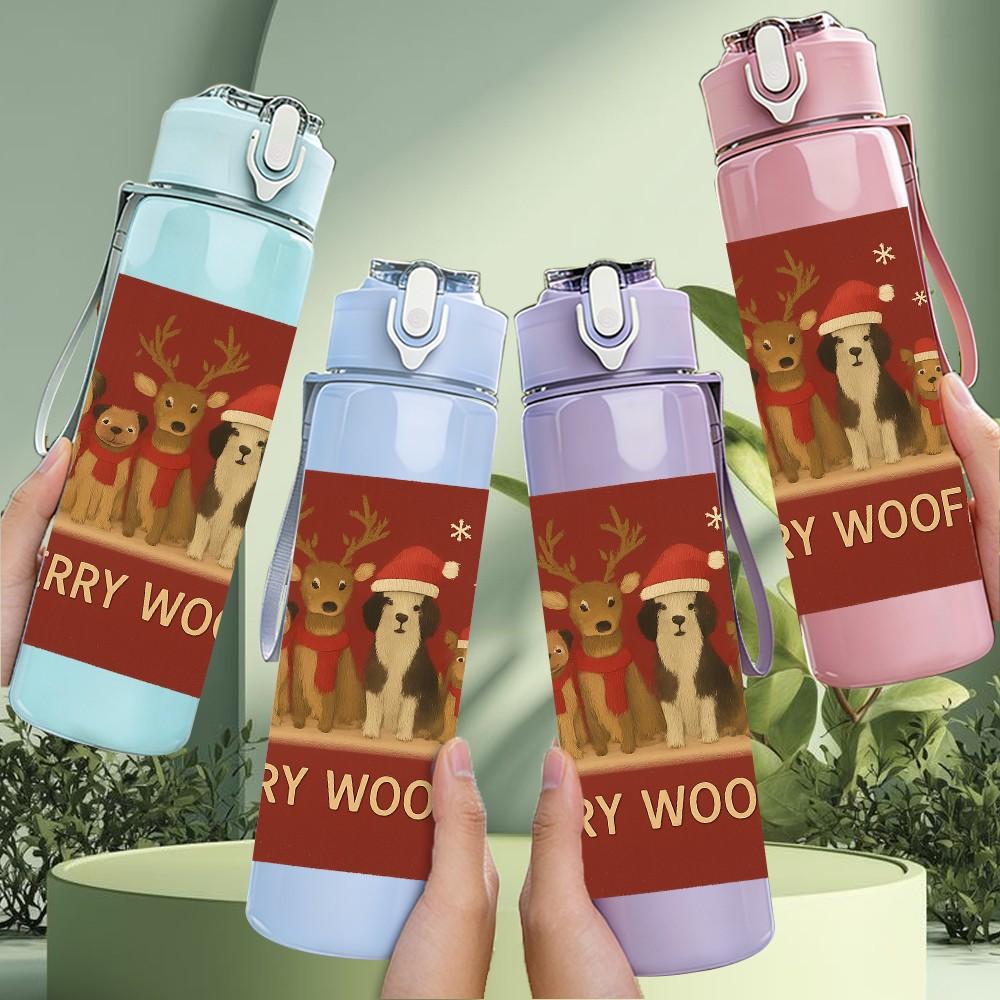 1PC Christmas Dog Vintage Card Art 750ml Color Plastic Sports Water Bottle Leakproof Flip Straw Lid Suitable for Sports Office Home Use