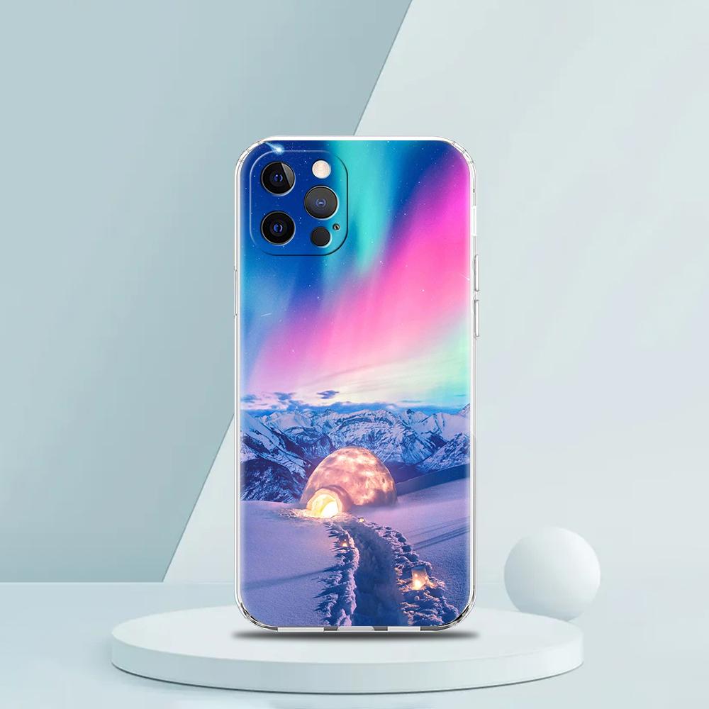 For iPhone 15 16 14 13 12 Mini 11 Pro Max XS X XR SE 7 8 Plus Silicone Clear Cover Beautiful Northern Lights Luxury Phone Case