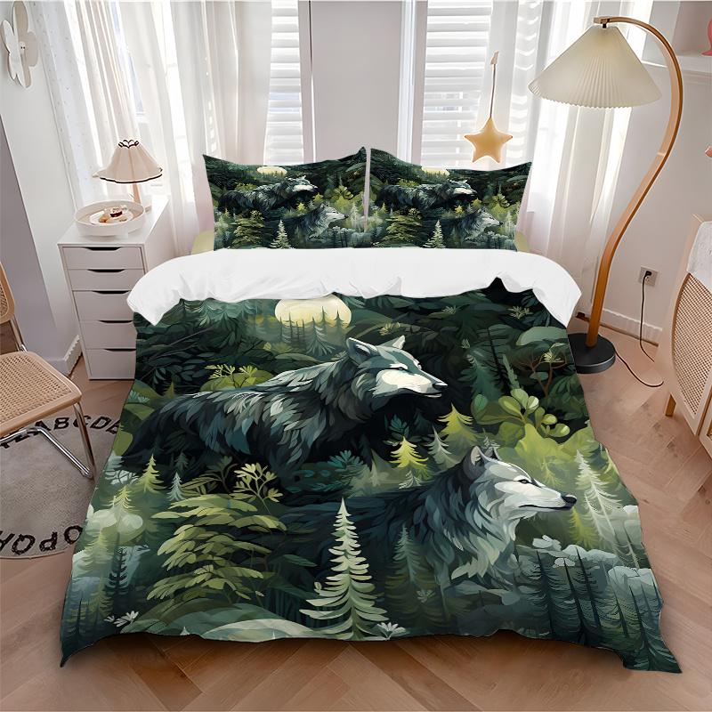 3pcs Two Wolves in the Forest Printed Quilt Set - Includes 1 Quilt Cover and 2 Pillowcases, Machine Washable - Suitable for All Seasons.J088