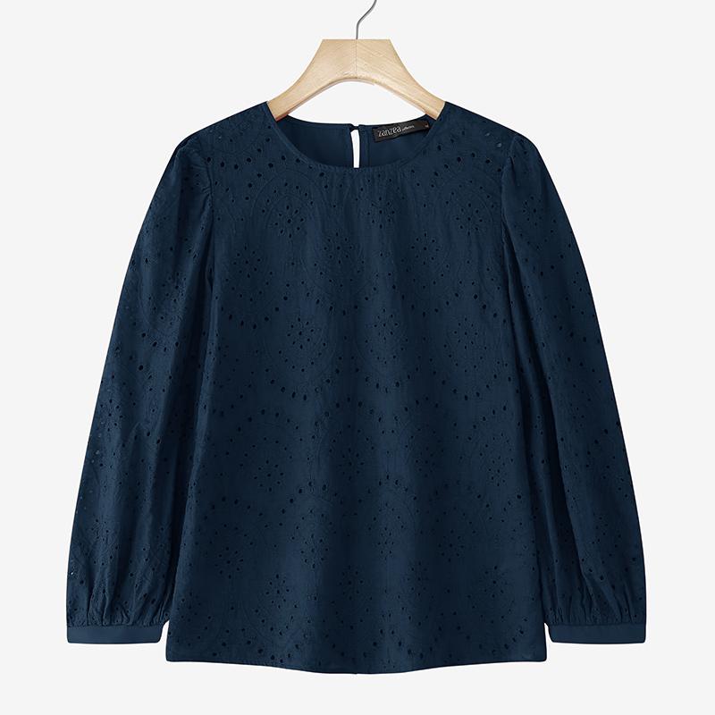 ZANZEA Women Casual Round Neck Long Sleeve Patchwork Crochet Blouse