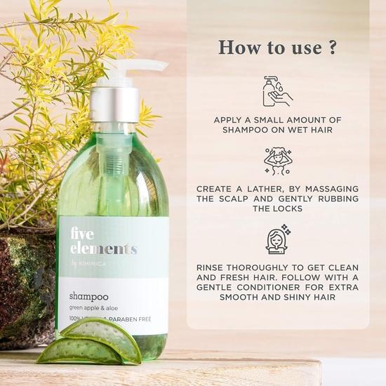 Sampon Kimirica Five Elements cu mere verde si aloe realizat cu extracte derivate natural pentru moale, neted, 300 ml