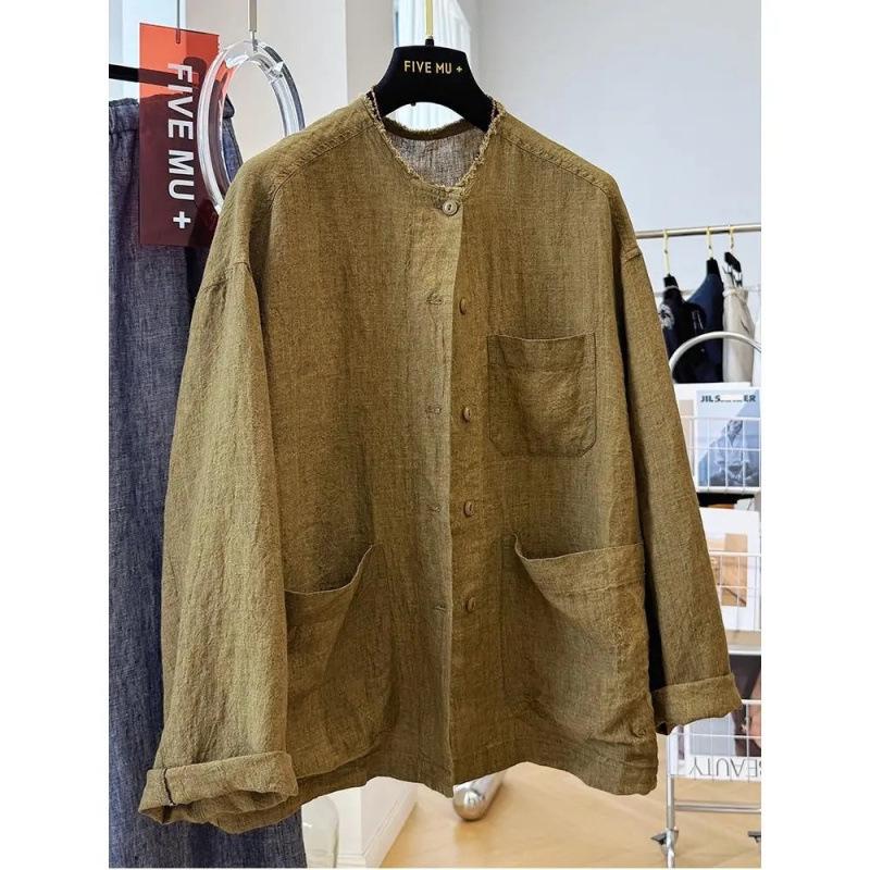 Unisex Plus Size Retro Linen Frayed Edge Shirt - Loose Casual Autumn Outerwear