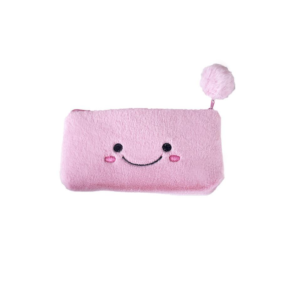 Cute Pink Smiling Pom Large Capacity Pencil Case Plush Storage Bag Students For
