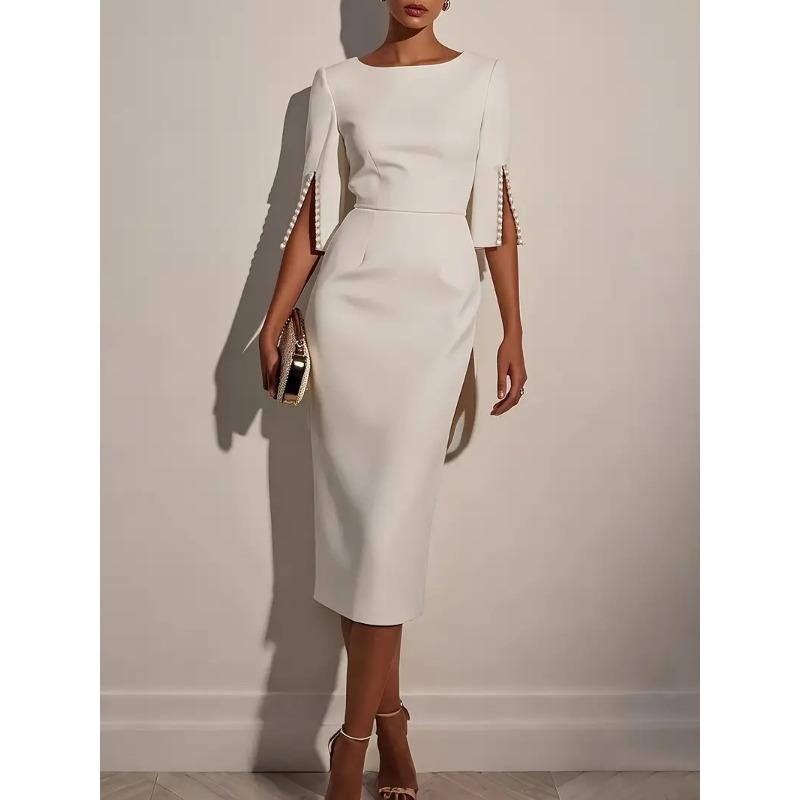 women s Round Neck Pearl Split 3/4 Sleeve Bodycon Midi Dress Elegant Solid Color Formal Party Dress S белый