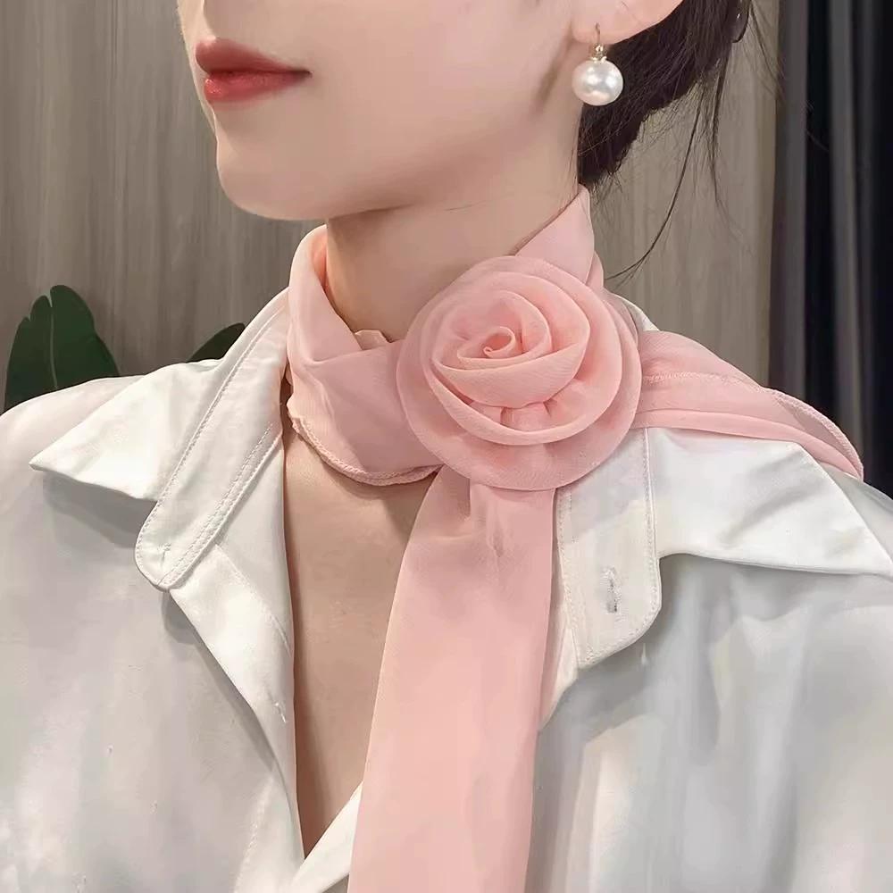 Summer Solid Color Rose Blossom Silk Scarf for Women Versatile and Stylish Thin Scarf for Neck Protection