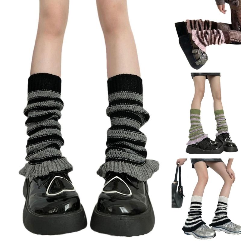 Girls Lolitas Leg Warmers Y2K Stripe Knitted Flared Leg Sleeves Goth Baggy Cuff Ankle Heap Socks JK Uniform Foot Cover