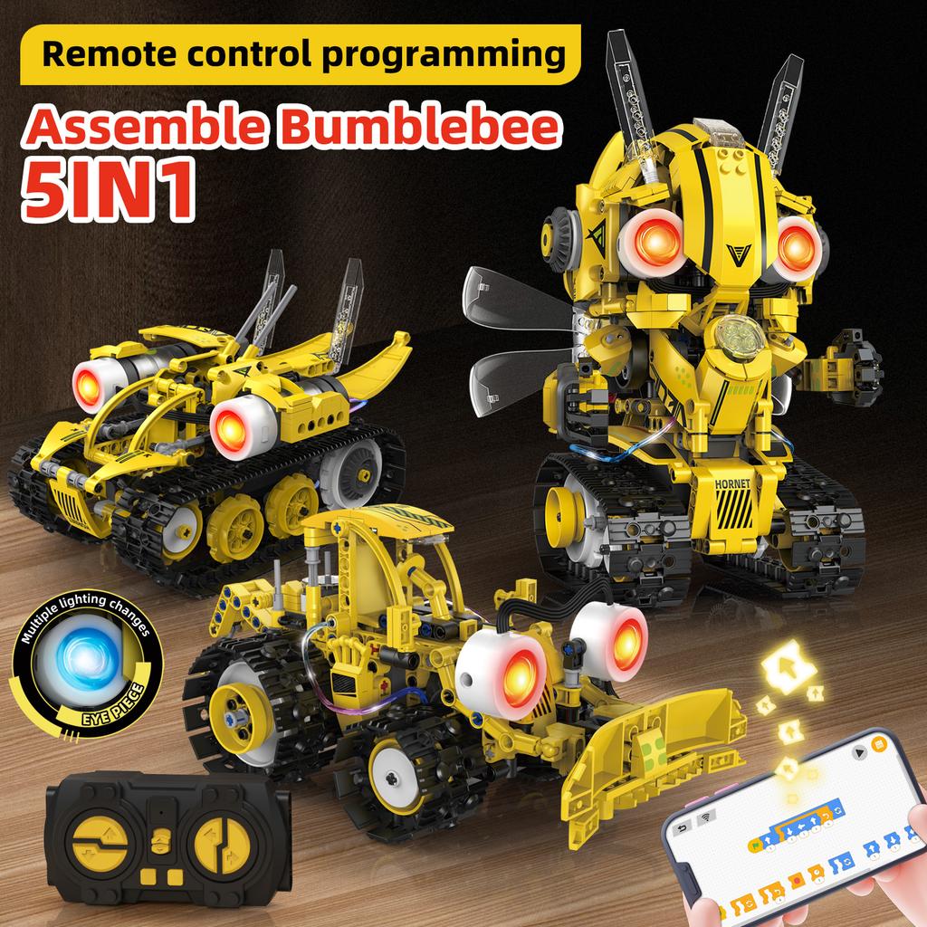 Moc 5 In 1 Electric Rc Intelligent Screen Led Robot Fighter Off-Road Vehicle Bulldozer Model Diy Building Block Children'S Toy