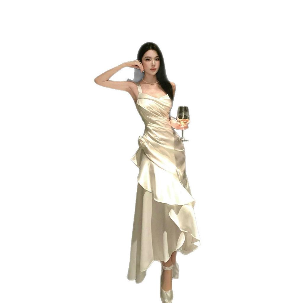 French Satin Suspender Skirt Temperament White Dress Women's New Summer Dress Elegant Irregular Fishtail Long Dress Dress