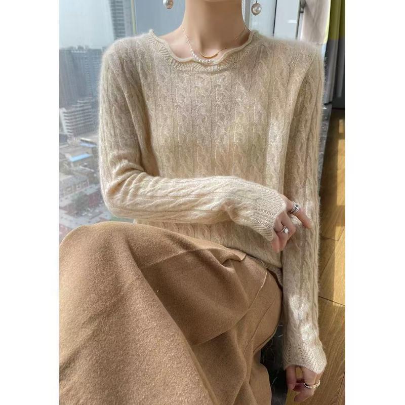 Round Neck Pullover Long Sleeve Sweater Knitted Autumn Winter Women's Clothing Solid Color Screw Thread Office Lady Tops
