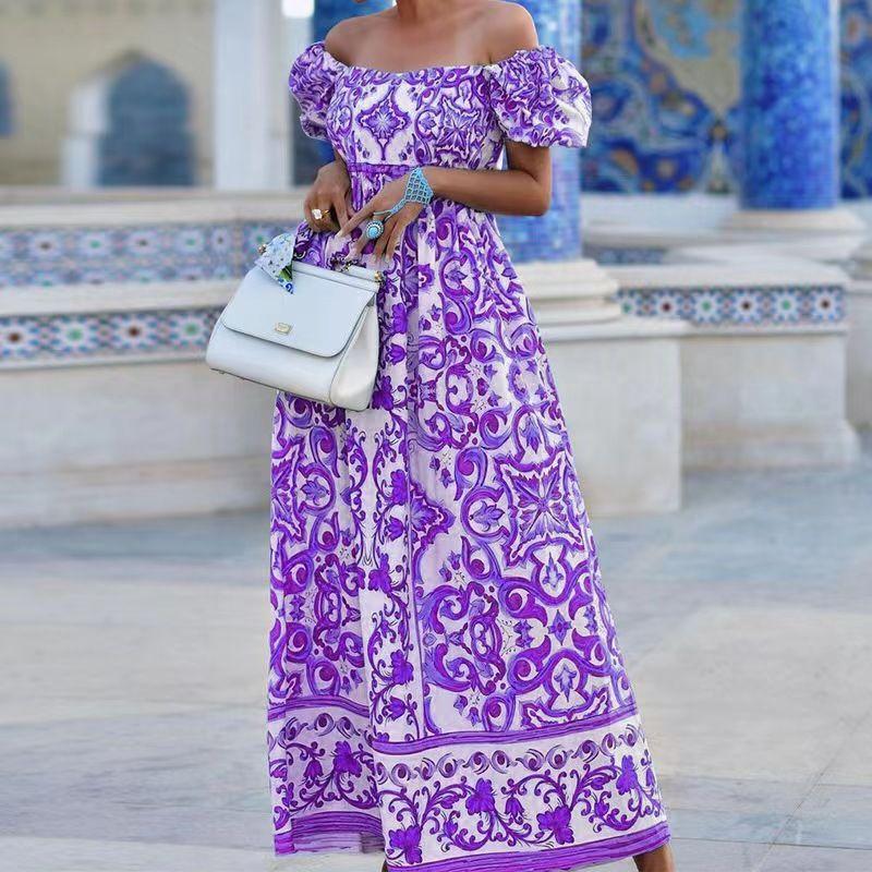 

New Arrival off-Shoulder Collar Bohemia Style Print Dress One Line Collar Printed Dress Purple S