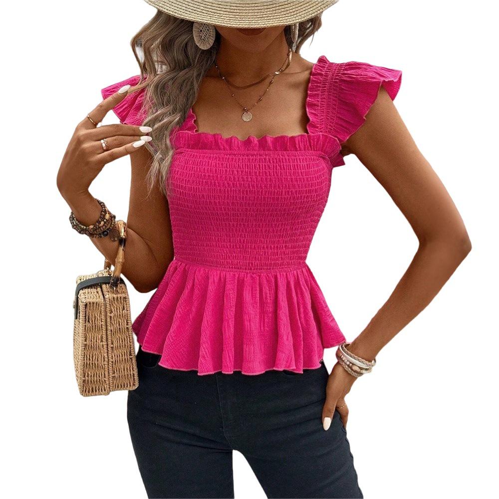 European & American Sweet Style Sleeveless T-Shirt with Square Neck and Pleated Design for Women - Spring/Summer Fashion 
