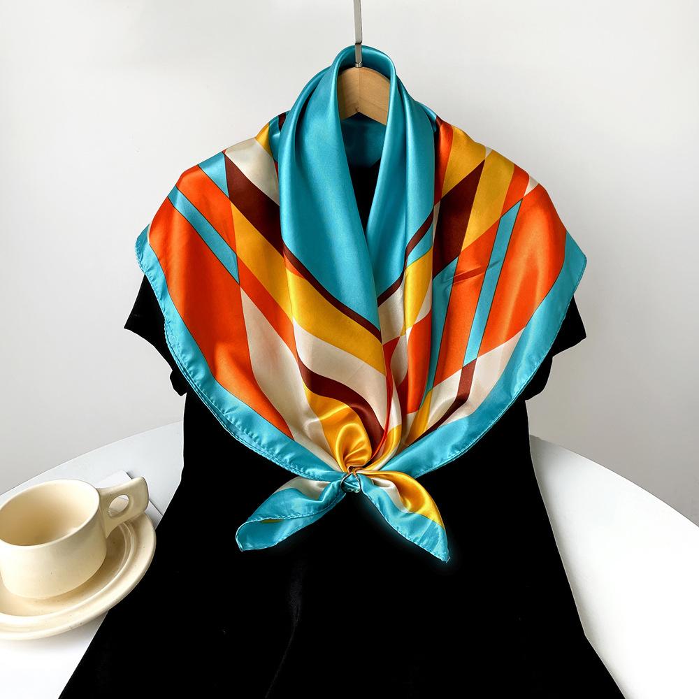 90cm Silk Scarf Large Square Scarf Women's New Patchwork Printed Flower Sateen Scarf Wrap Turban Shawl