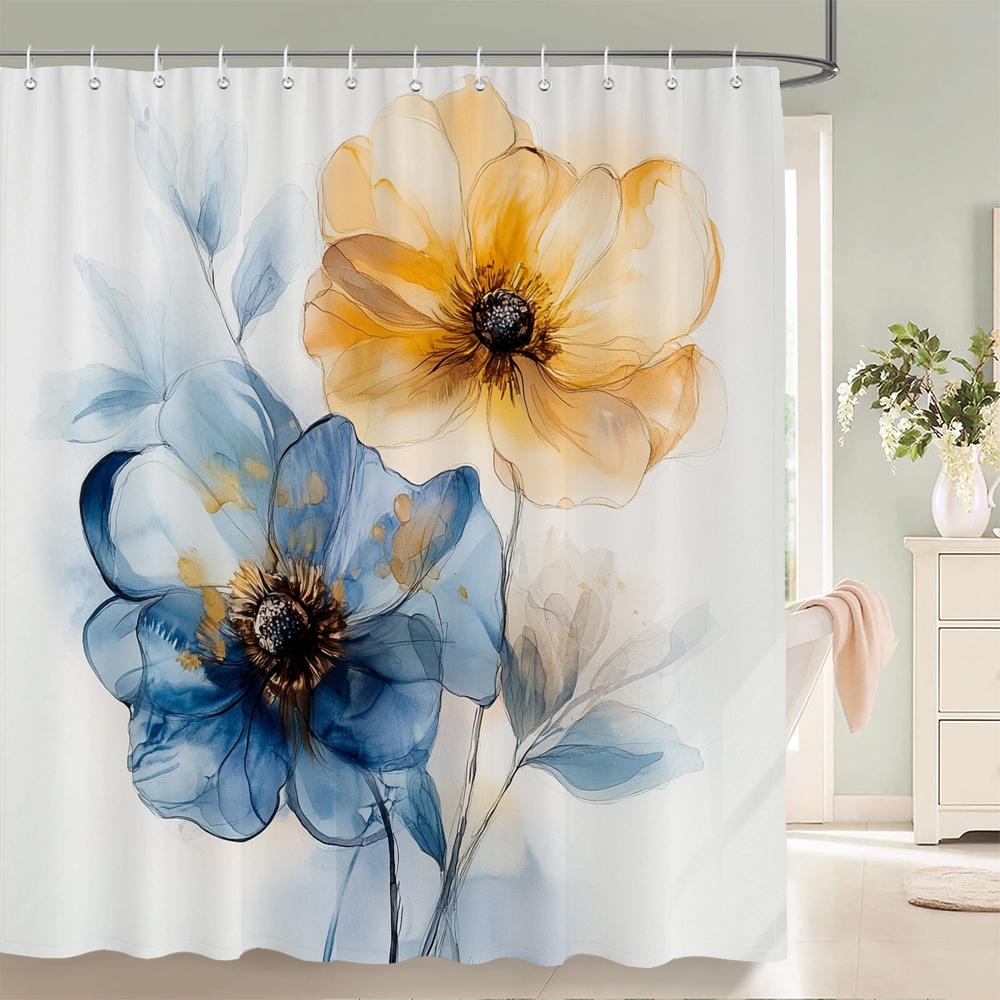 Watercolor Flowers Shower Curtain, Floral Plant Bathroom Decorative Shower Curtain, Waterproof Shower Curtain with Hooks