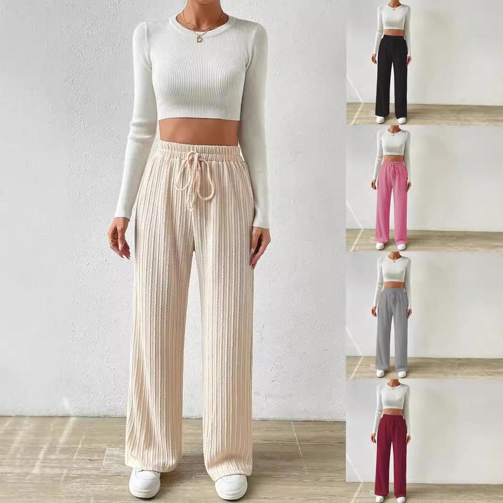 2024 Women's Textured Knit Wide-Leg Pants - Elastic High Waist, Tie Waist, Solid Color, Casual Loose Fit