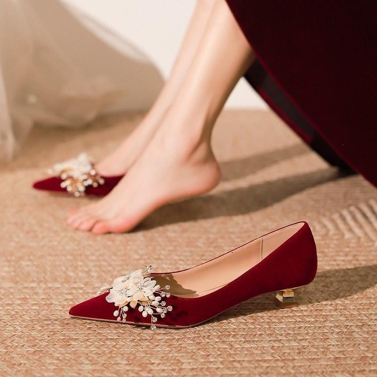 New red wedding shoes women's shoes rhinestone show heel high heels toast Chinese dress shoes single shoes