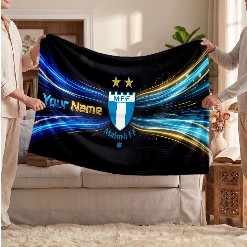 Malmö FF Personalized Fleece Blanket With Football Logo, Custom Name Text Soft Warm Home Throw Blanket