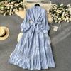 Luxury Party Dress for Women Long Lace Hollow Out Bandage Runway Patchwork Solid Lantern Sleeve Single Breasted Stand Dress