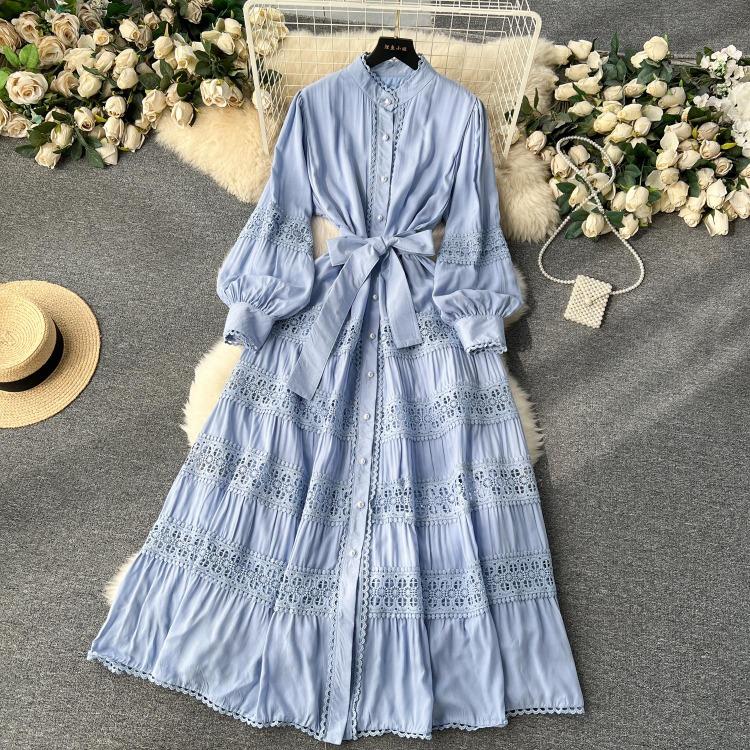 Luxury Party Dress for Women Long Lace Hollow Out Bandage Runway Patchwork Solid Lantern Sleeve Single Breasted Stand Dress