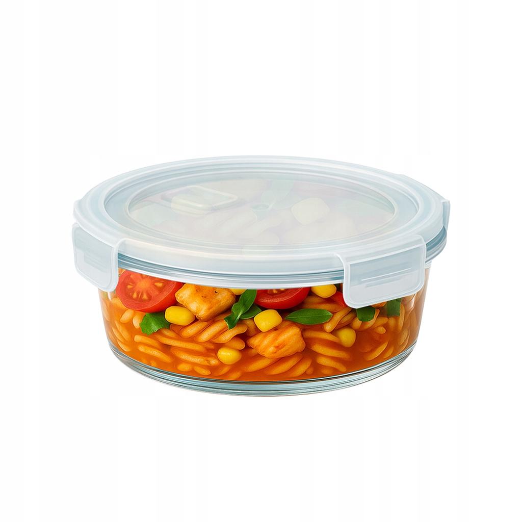 Hermetic round glass container 620 ml for food, salad, lunch, soup