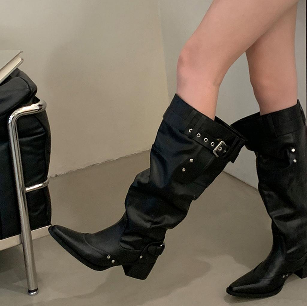 Fashion Eilyken Autumn Winter Design Pleated Pointed Toe Buckle Strap Women Knee-High Boots Fashion Low Heels Shoes Long Botas De Mujer